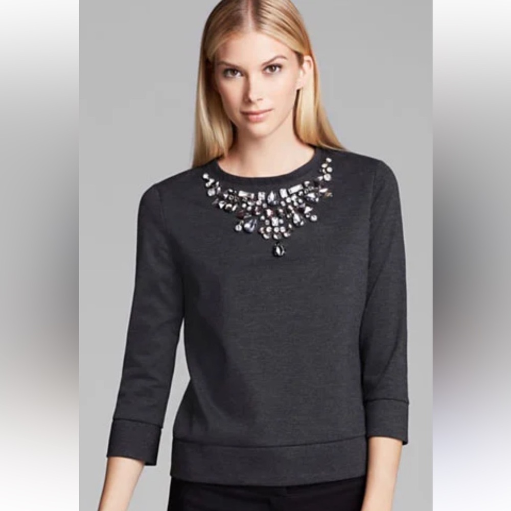 Vince Camuto Jewel Neck Top Size L Grey Sweater Pullover Embellished 3/4 sleeve